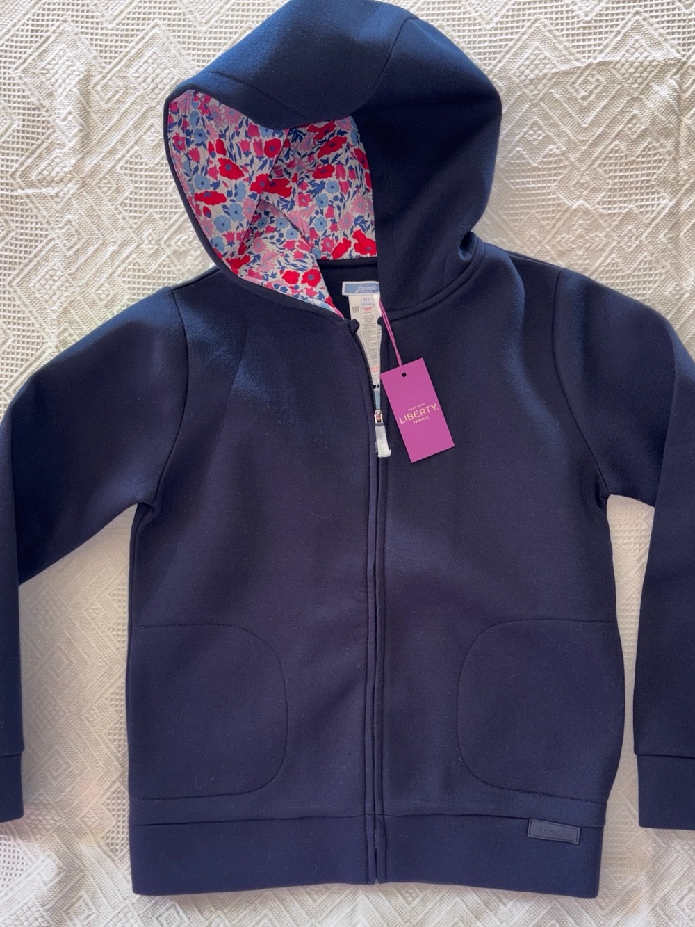 Jacadi Navy Hooded Zip Jacket with Pink Floral Hood Lining